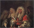 Hogarth's 1758 oil painting 'The Bench': 3 judges in red and white formal robes, and white wigs. 2 judges are asleep and there is a shadowy figure in the background
